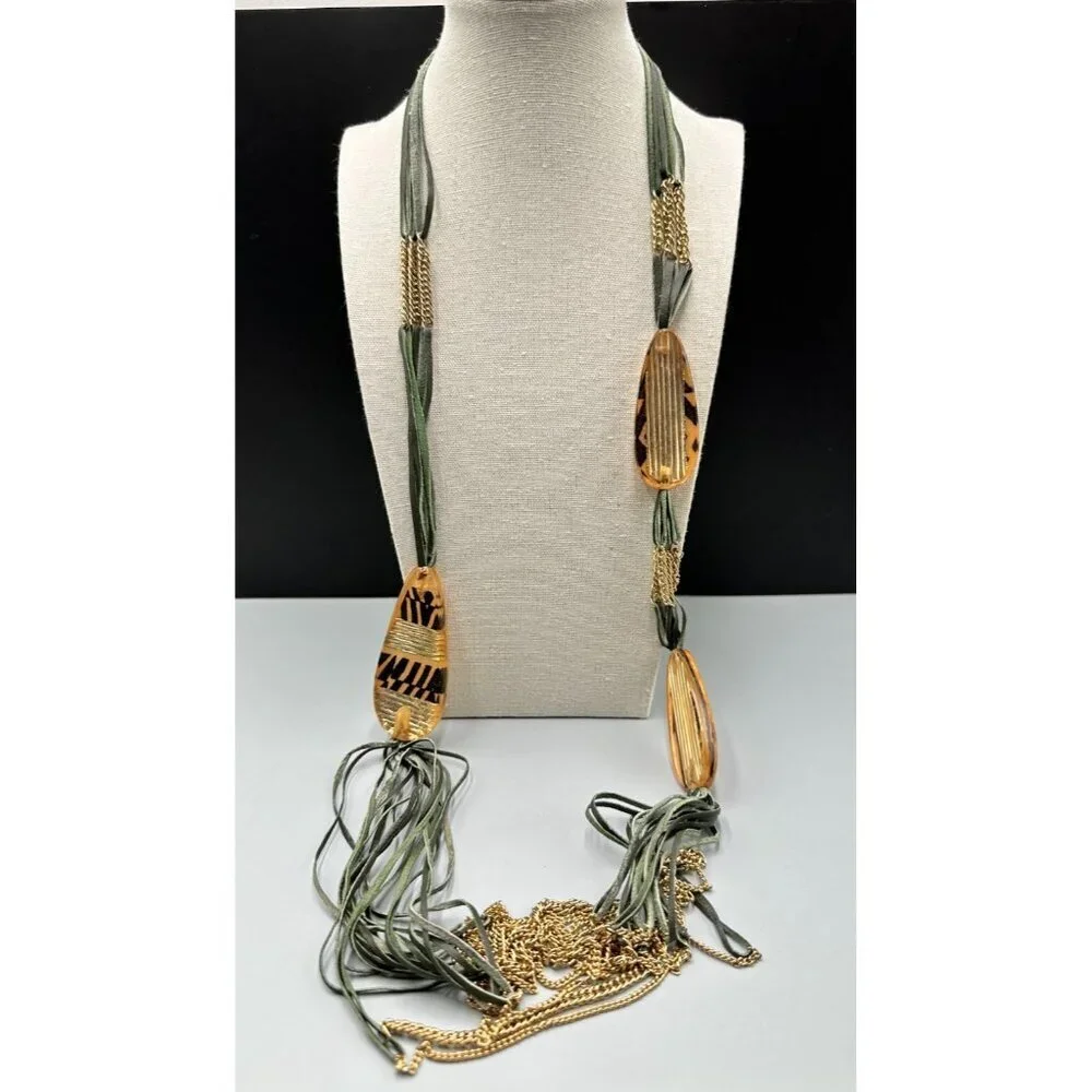 3/$30 Green Suede Cord Necklace Gold Tone Chain Resin Oval Pendant Tassel